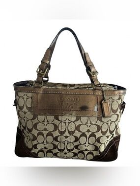 Coach Signature C Bronze Suede Gallery Tote Shoulder Bag Y2K 8K49